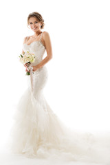 Fototapeta na wymiar Wedding Bride, Beautiful Woman in Elegant Sexy Dress with Flowers Bouquet, Studio Portrait on White Background