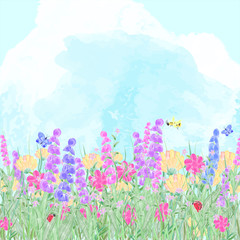 Landscape with flowers, grass and insects in a summer meadow. Illustration imitating a watercolor drawing in soft pastel colors.
