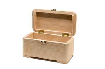 Empty wooden casket with open lid. Box of eco-friendly materials. Isolated on a white. Container for small items