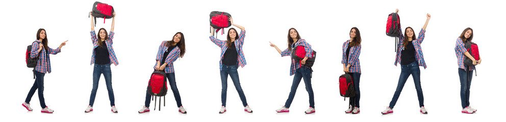 Fototapeta premium Student girl with backpack isolated on white