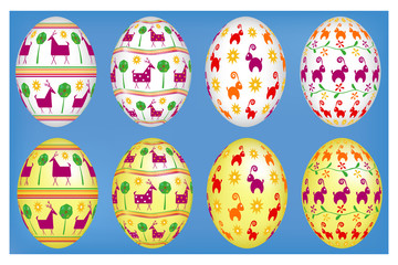 Vector set. Voluminous Easter eggs of white and yellow color on blue background with colorful image of deer, lamb, trees, flowers and lines