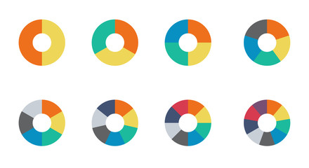 Infographic pie chart set. Cycle collection - 2,3,4,5,6,7 and 8 section. Vector isolated on white background