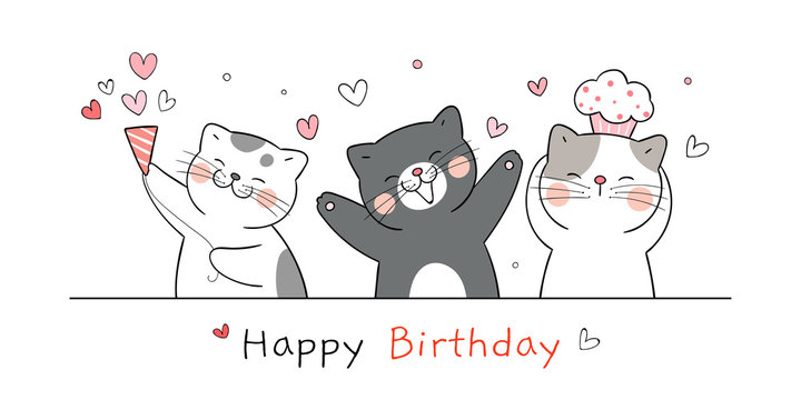 Draw banner cute cat for happy birthday.