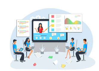 Vector illustration, flat style - online education, business training, workshop, presentation - training of office staff, students watching video tutorial, webinar, podcast. Teacher on computer screen