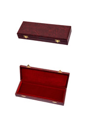 Red case with gilded locks. Box for an expensive gift. Luxury packaging isolate on a white background.