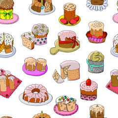 Vector festive baking pattern. Easter cakes outlined on a white background. Eggs, candles, muffins are treats for guests. Design for kitchen, paper, fabric, packaging.