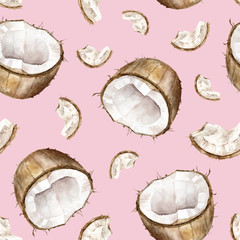 Watercolor tropical  coconut seamless pattern on pink background. Aquarelle Exotic fruits. Coconut pieces  wallpaper