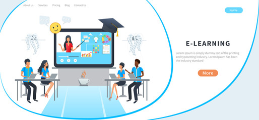 Vector illustration, flat style - online education, distance learning - students watching video tutorial, professional business presentation. Teacher on computer screen. Podcast, training courses