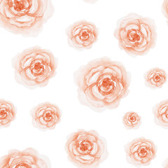 Watercolor pink roses seamless pattern. Rustic wallpaper with flowers on white background.