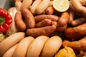 A variety of smoked, cured sausages, sausages, smoked meat