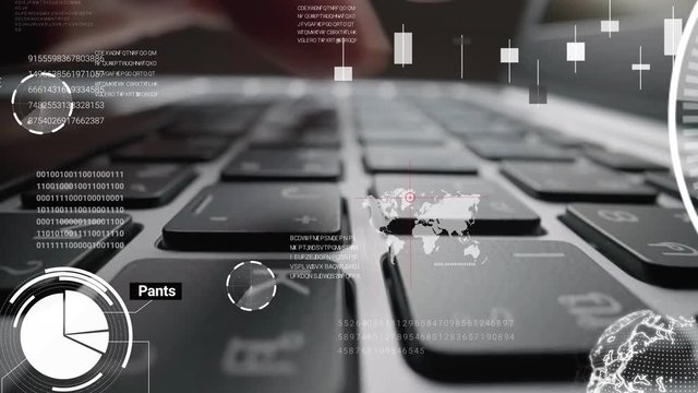 Time lapse of man working on laptop computer keyboard with graphic user interface GUI hologram showing big data science technology, digital network connection and computer programming algorithm.