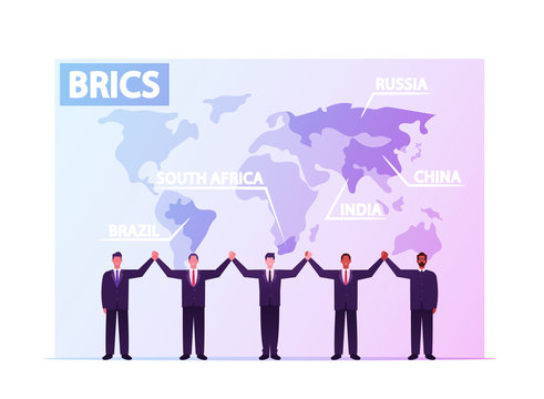 Brics Association of Major Emerging National Economies Brazil, Russia, India, China, South Africa. Country Leaders Characters Holding Hands on World Map Background. Cartoon People Vector Illustration