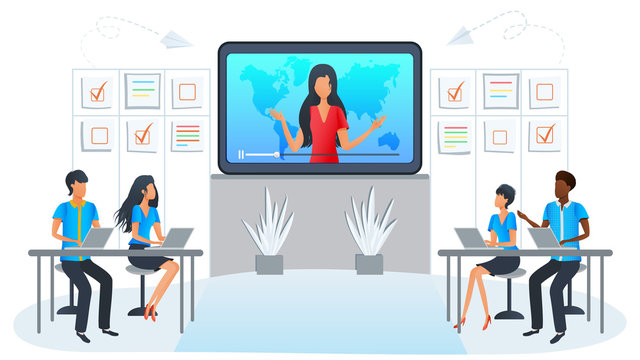 Vector illustration of online business training, workshop, presentation, courses. Team at video conference with manager in meeting room. Students using education service, digital classroom, workshop