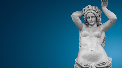 Fototapeta na wymiar Banner with a portrait of statue of young and naked sensual Roman Italian Renaissance Era woman with copy space for text and blue gradient background, details, closeup
