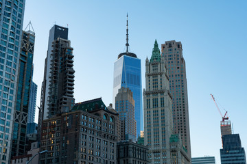 Fototapeta premium Lower Manhattan New York City Skyline Scene with Modern and Old Skyscrapers