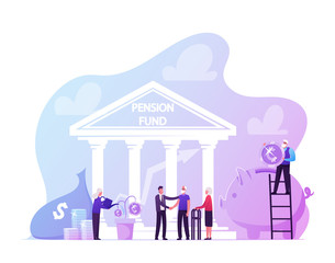 Pension Fund Plan, Insurance and Bank Savings. Senior People Grow Money Tree for Happy Retirement and Getting Superannuation. Old Characters Grandparents Finance Safety. Cartoon Vector Illustration