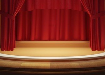 3d render of luxury scene for your design. Fashion show stage or pedestal with red curtains background.