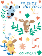 Cute bright colorful vector set of vegan themed icons of cows flowers and plants in yellow red blue and green with vegan slogans