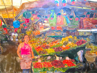Woman in a market stall for vegetables in Porto Portugal. Painting art.