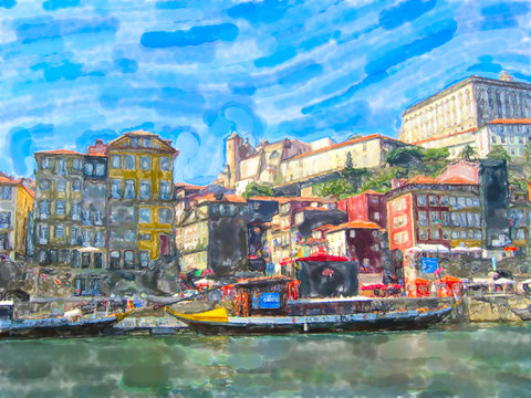 Cityscape of Porto in portugal with Douro river and boats.