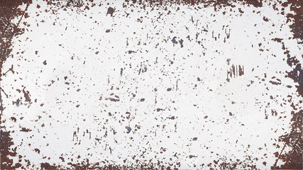 Rusted white painted metal wall. Rusty metal background with streaks of rust.  Free space in the middle