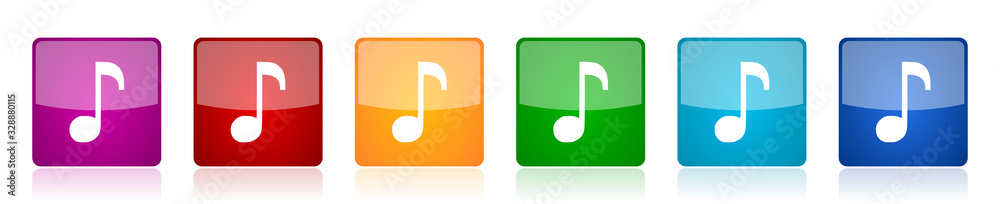 Poster music icon set, colorful square glossy vector illustrations in 6 options for web design and mobile a