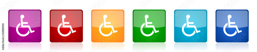 Leinwandbilder wheelchair icon set, colorful square glossy vector illustrations in 6 options for web design and mob