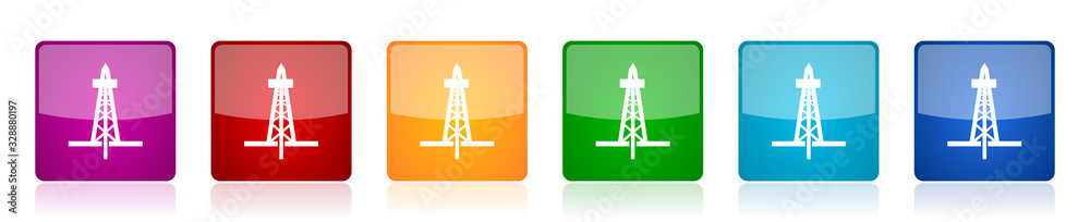 Poster drilling icon set, colorful square glossy vector illustrations in 6 options for web design and mobil