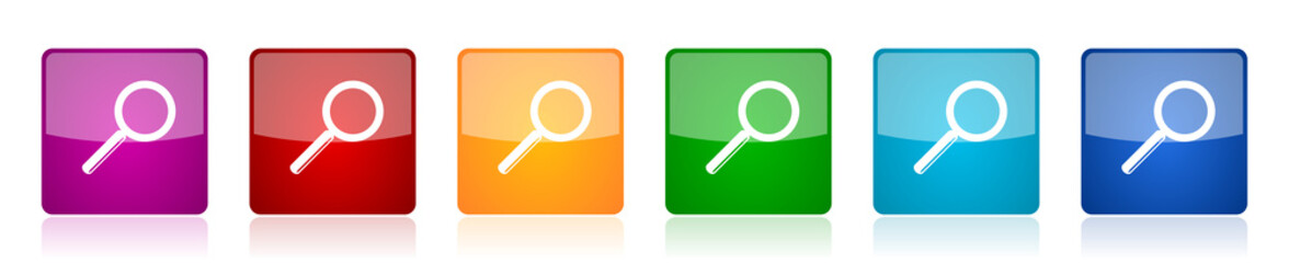 Search icon set, colorful square glossy vector illustrations in 6 options for web design and mobile applications