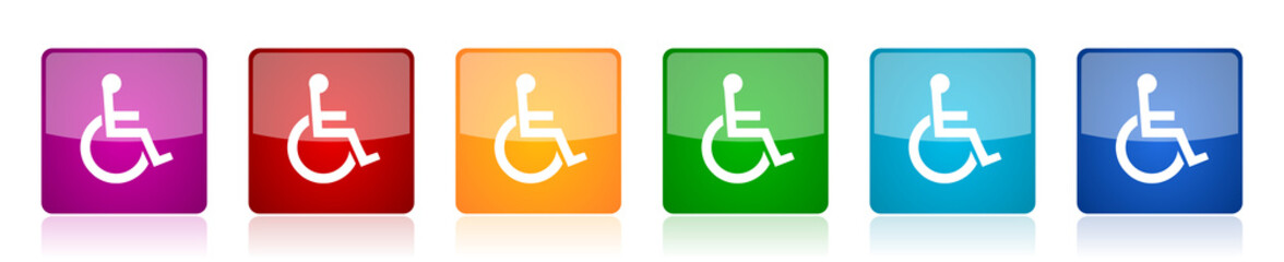 Wheelchair icon set, colorful square glossy vector illustrations in 6 options for web design and mobile applications