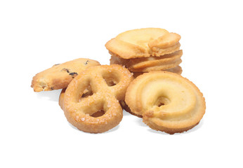 Pile of sweet danish cookies isolated on white background with clipping path..