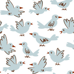 Fototapeta premium Cute birds hand-drawn vector seamless pattern. Cartoon birds for kids and home decor background in light blue on white background for wrapping paper, fabric, textile, wallpaper