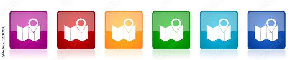 Aufkleber marker icon set, map, location and travel colorful square glossy vector illustrations in 6 options f