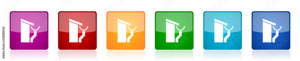 Poster Roof and gutter icon set, guttering home colorful square glossy vector illustrations in 6 options for web design and mobile applications