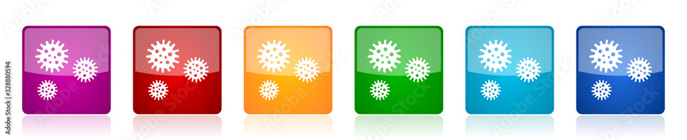 Poster virus icon set, bacteria, pathogen, infection colorful square glossy vector illustrations in 6 optio