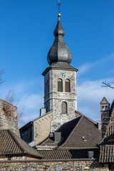 View at the tower of church Saint Lucia in Stolberg, Eifel