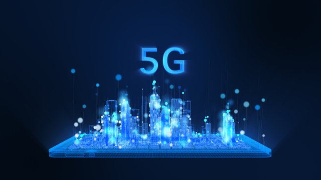 3D Rendering, 5G, bright digital tablet and city wireframe in bright blue and white colors particles, Sphere particle line rise up. Digital technology and communication concept.