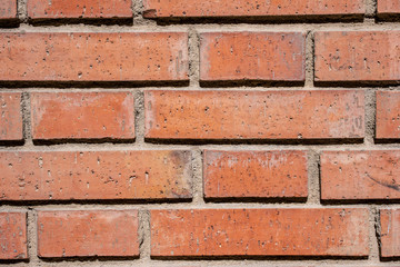 Obraz premium Wall of dirty orange bricks under sunlight. Close-up.