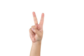 Asian hand shows and counts 2 finger on isolated white background with clipping path