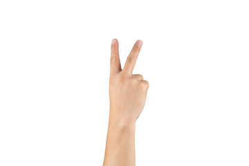 Asian back back hand shows and counts 2 (two) sign on finger on isolated white background. Clipping path