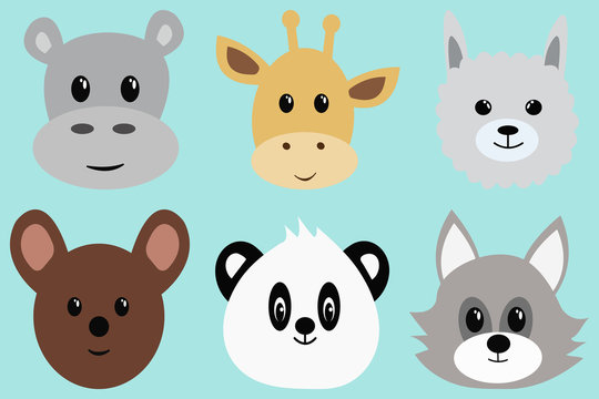 Set with cute cartoon animals. Hippo, giraffe, llama, bear, panda, raccoon. Vector.