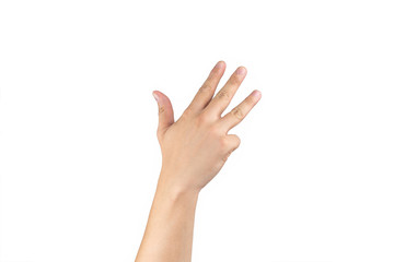 Asian back hand shows and counts 9 (nine) sign on finger on isolated white background. Clipping path