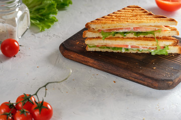 Cheese sandwich of toasted bread with a crispy crust with fresh tomatoes and herbs on a wooden board