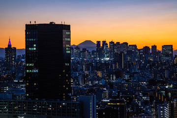 Fototapeta premium 〈東京都文京区〉文京シビックセンターからの東京の夕焼け 富士山と新宿方面