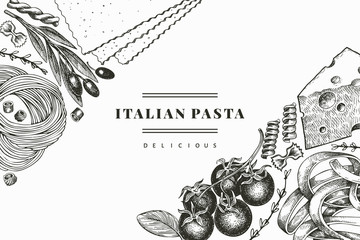 Italian pasta with additions design template. Hand drawn vector food illustration. Engraved style. Vintage pasta different kinds background.
