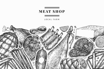 Vintage vector meat products design template. Hand drawn ham, sausages, jamon, spices and herbs. Retro illustration. Can be use for restaurant menu.