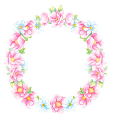 Cute pink  watercolor flowers frame. Pink flowers for wedding invitation, Spring flowers