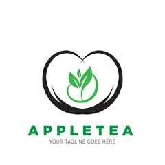 Simple abstract logo design with tea leaf and apple symbol.