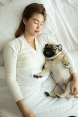 woman sleep with dog pug breed on bed in bedroom,Pet and owner Concept