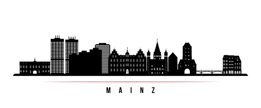 Mainz skyline horizontal banner. Black and white silhouette of Mainz, Germany. Vector template for your design.